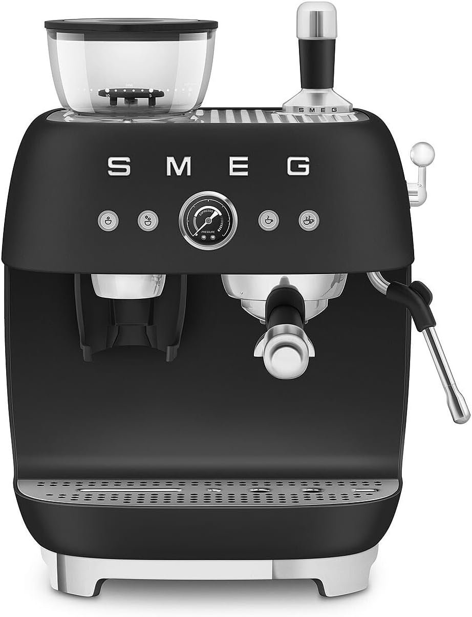 Smeg EGF03 matte black semi-automatic espresso machine with built-in grinder, 58 mm portafilter, and steam wand
