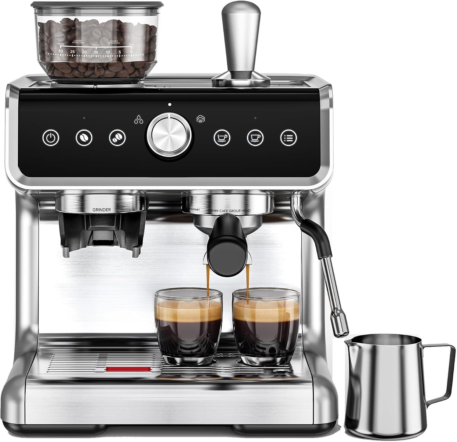 EUHOMY 20 bar espresso machine with built-in grinder, 58 mm portafilter and steam wand