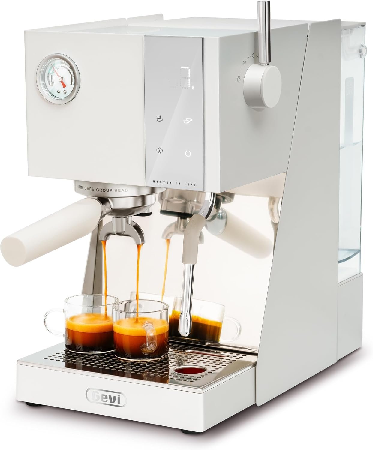 White Gevi ECMN0 20 bar espresso machine with 58 mm portafilter, OPV and touchscreen