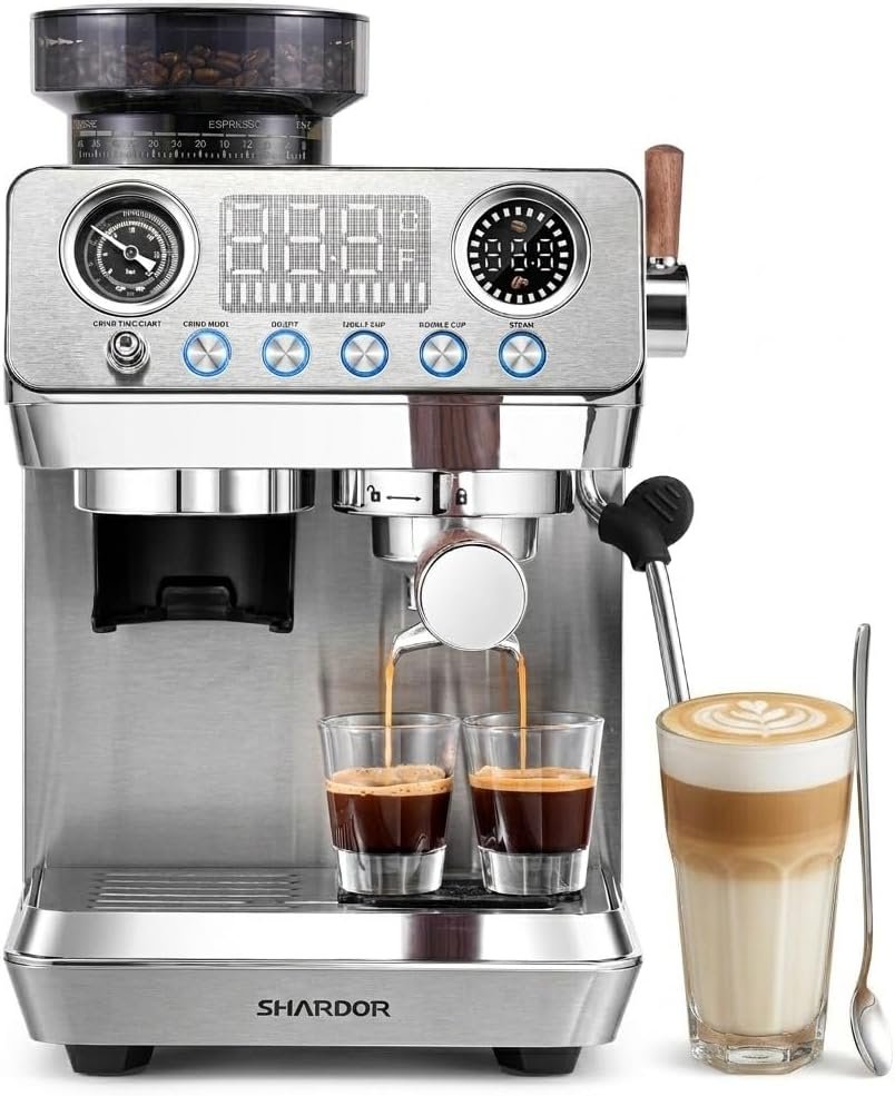 SHARDOR 20 bar espresso machine with built-in grinder, 45 grind settings and steam wand