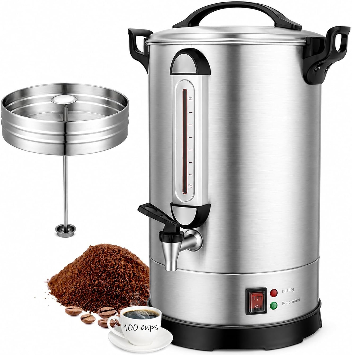 100 cup industrial coffee urn with 304 stainless steel double wall and electric percolator