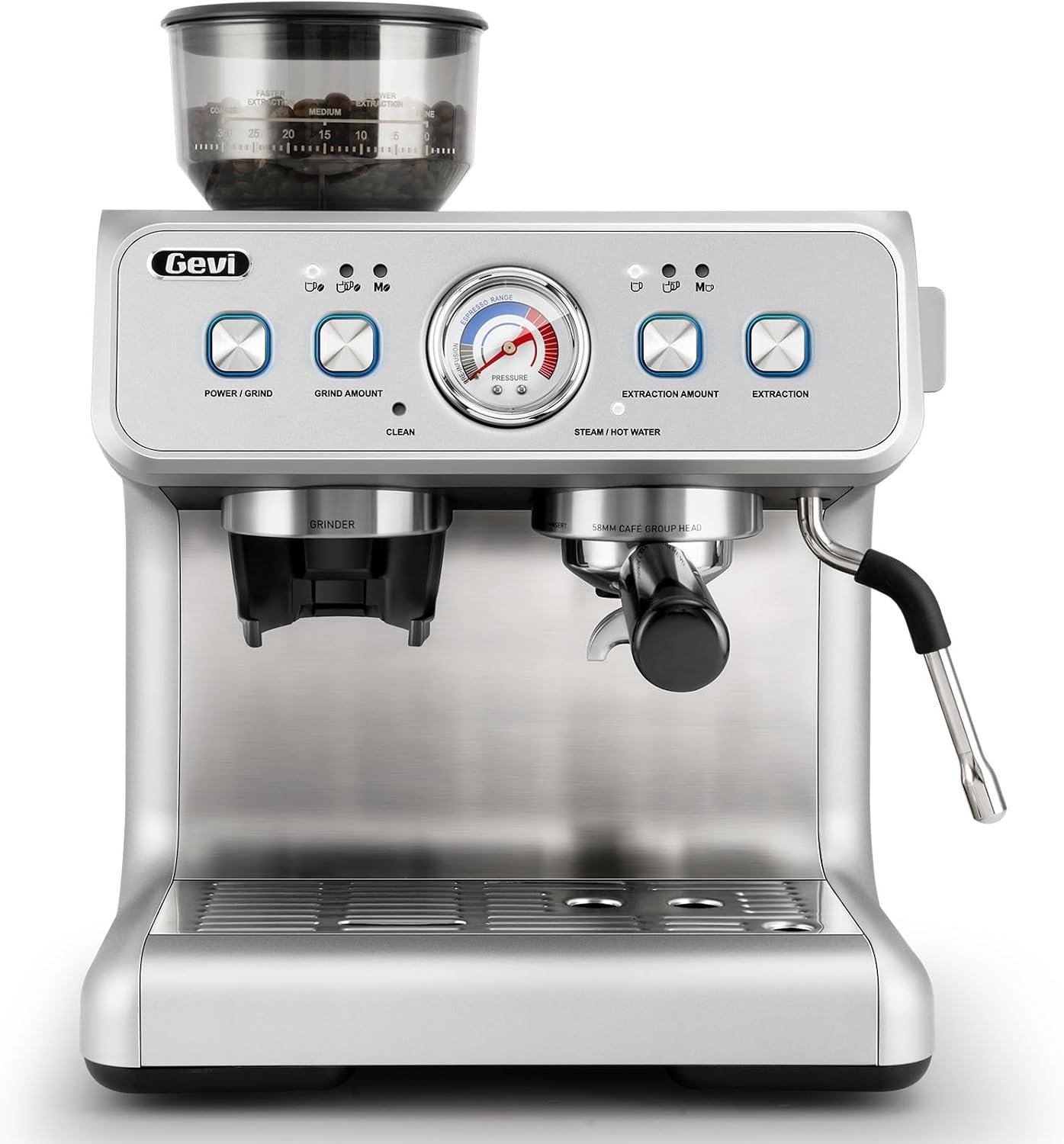GEVI ECMF0 dual boiler espresso machine with built-in burr grinder and 58 mm portafilter
