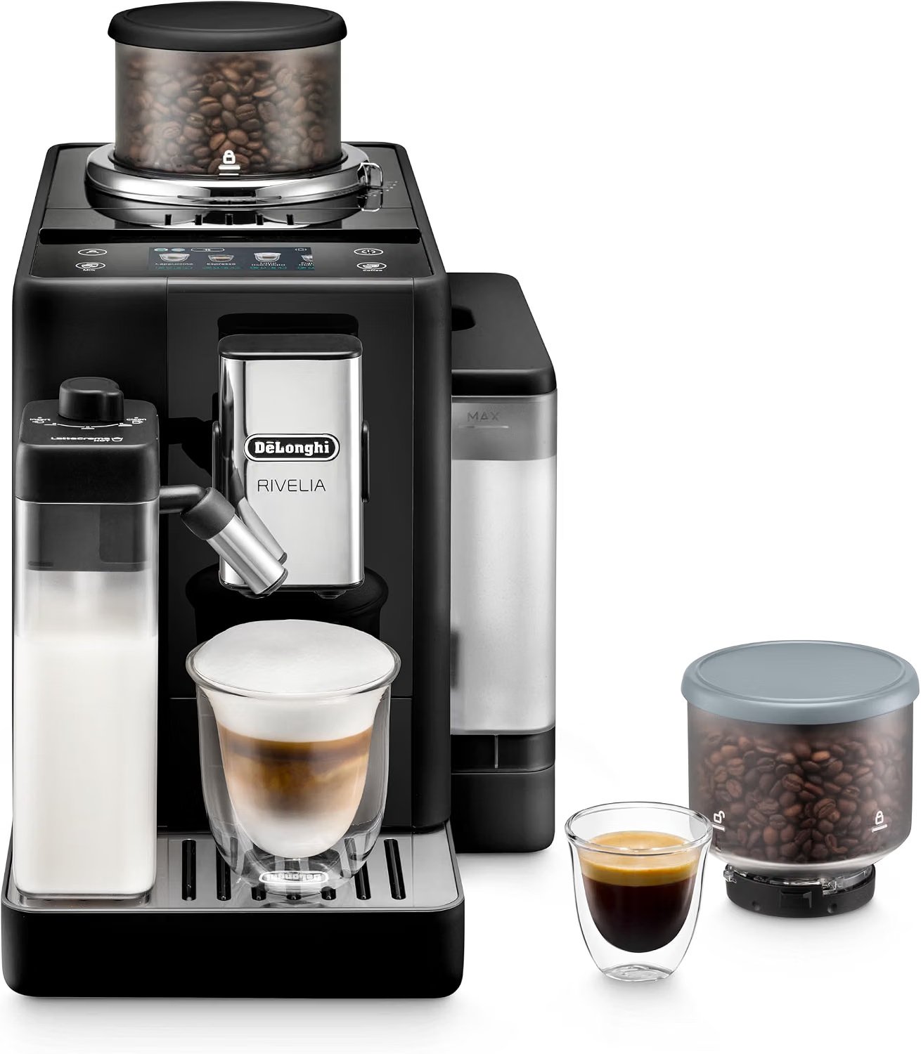 De'Longhi Rivelia super automatic espresso machine with interchangeable bean hoppers and milk frother