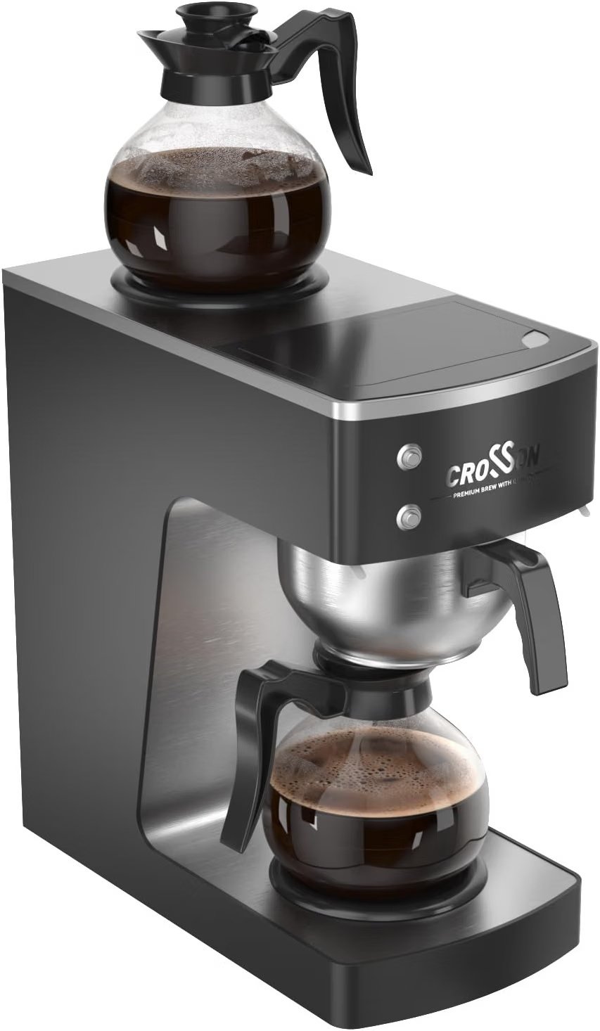 crosson 12-cup commercial drip coffee brewer with upper and lower warmers and glass decanters