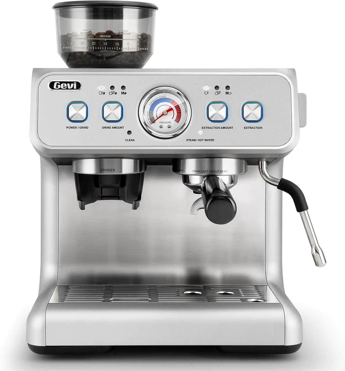 Gevi ECMF0 double boiler espresso machine with built-in burr grinder and 58 mm portafilter