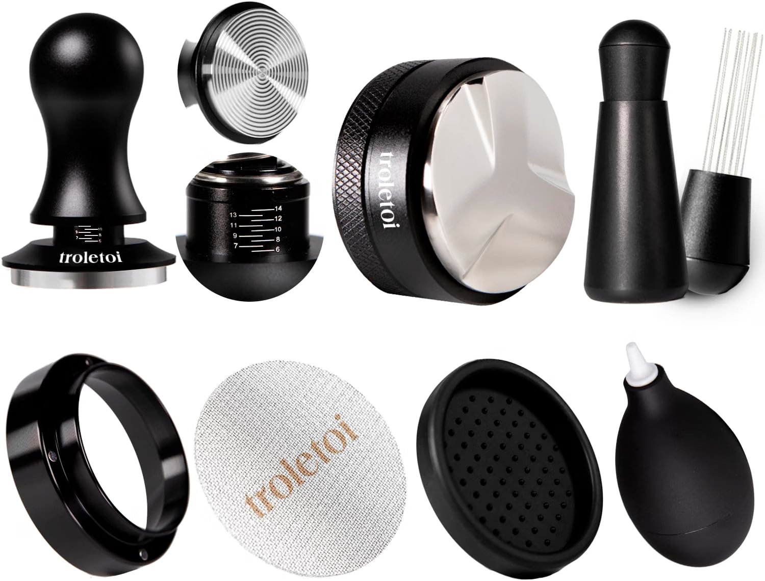 seven piece espresso accessories kit with tamper distributor puck screen dosing funnel and WDT tool