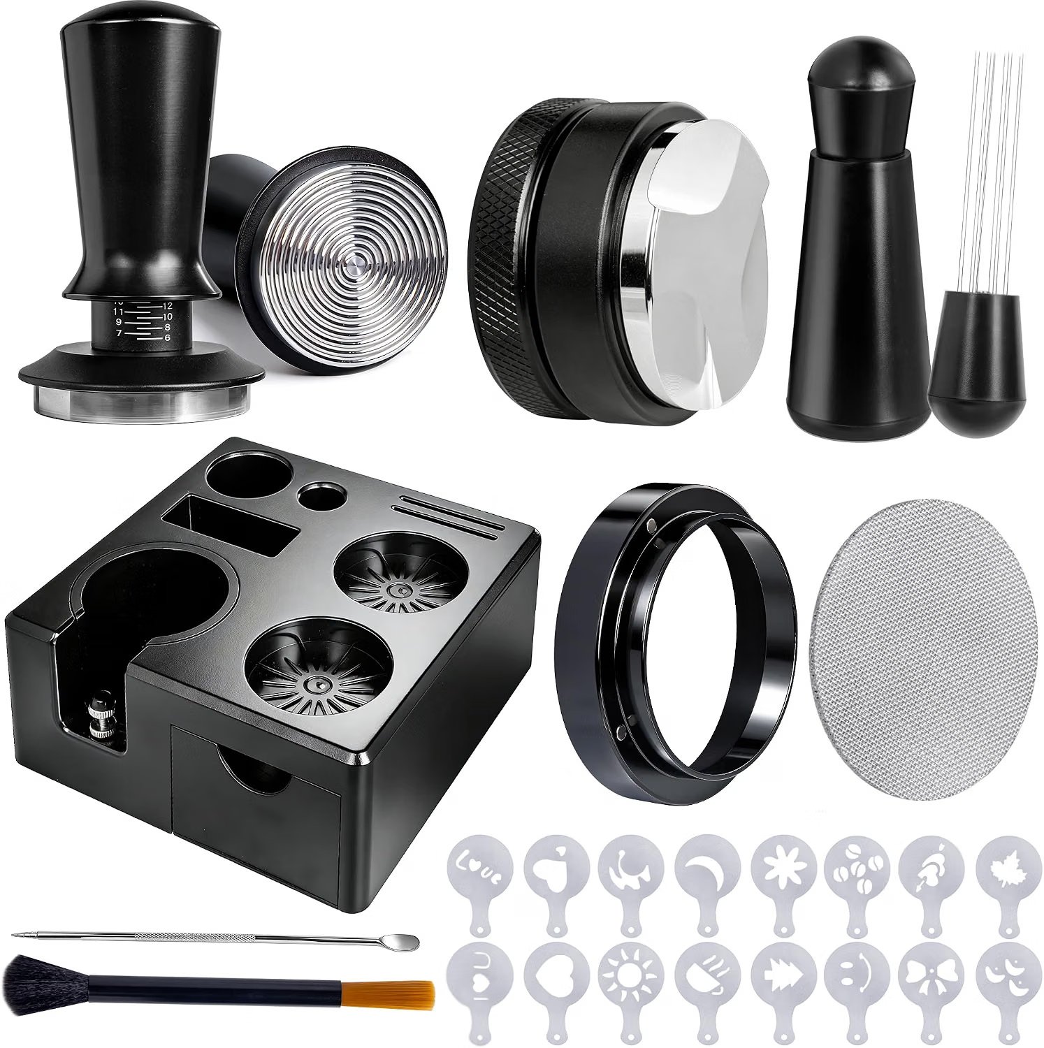 nine-piece 51mm espresso machine portafilter accessories kit with tamper station