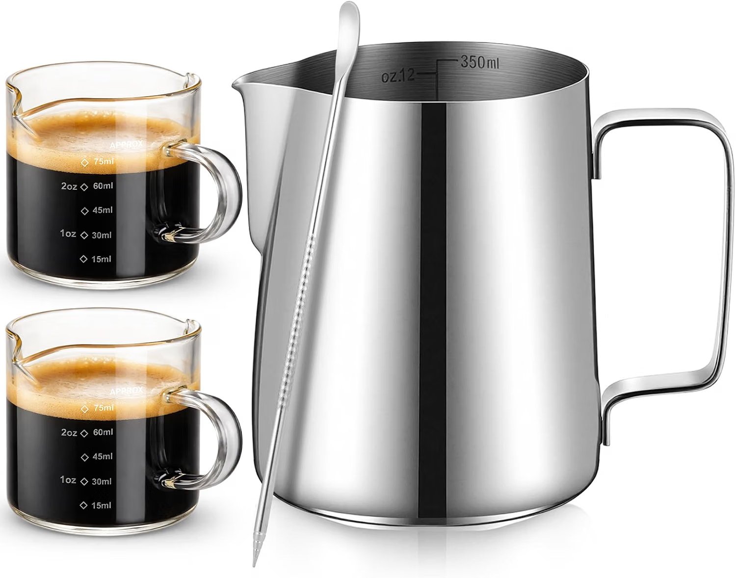 4 oz glass espresso shot cup with handle in a four-piece espresso accessories kit