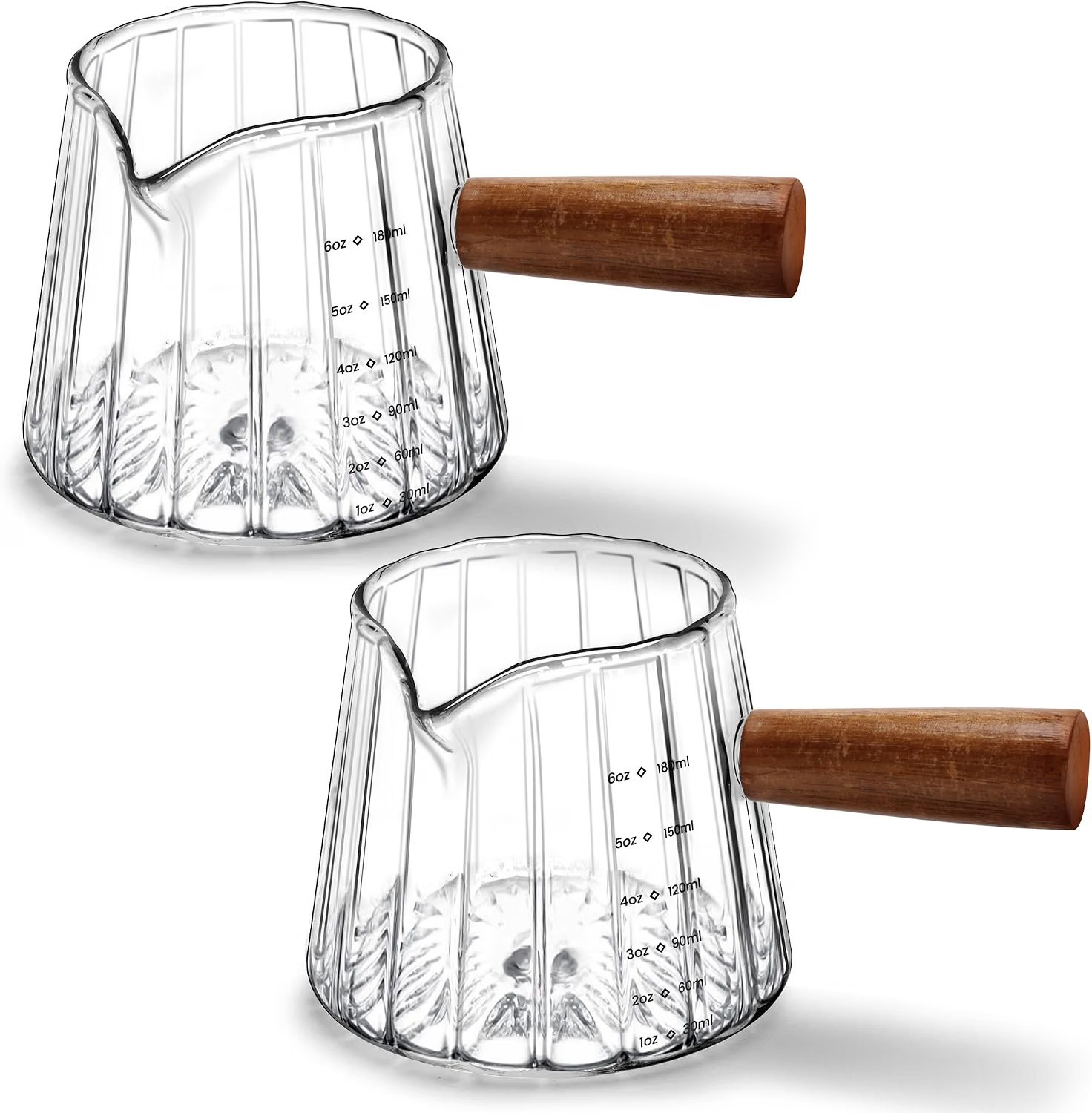 two 6 oz espresso measuring glass cups with wood handles for coffee and milk