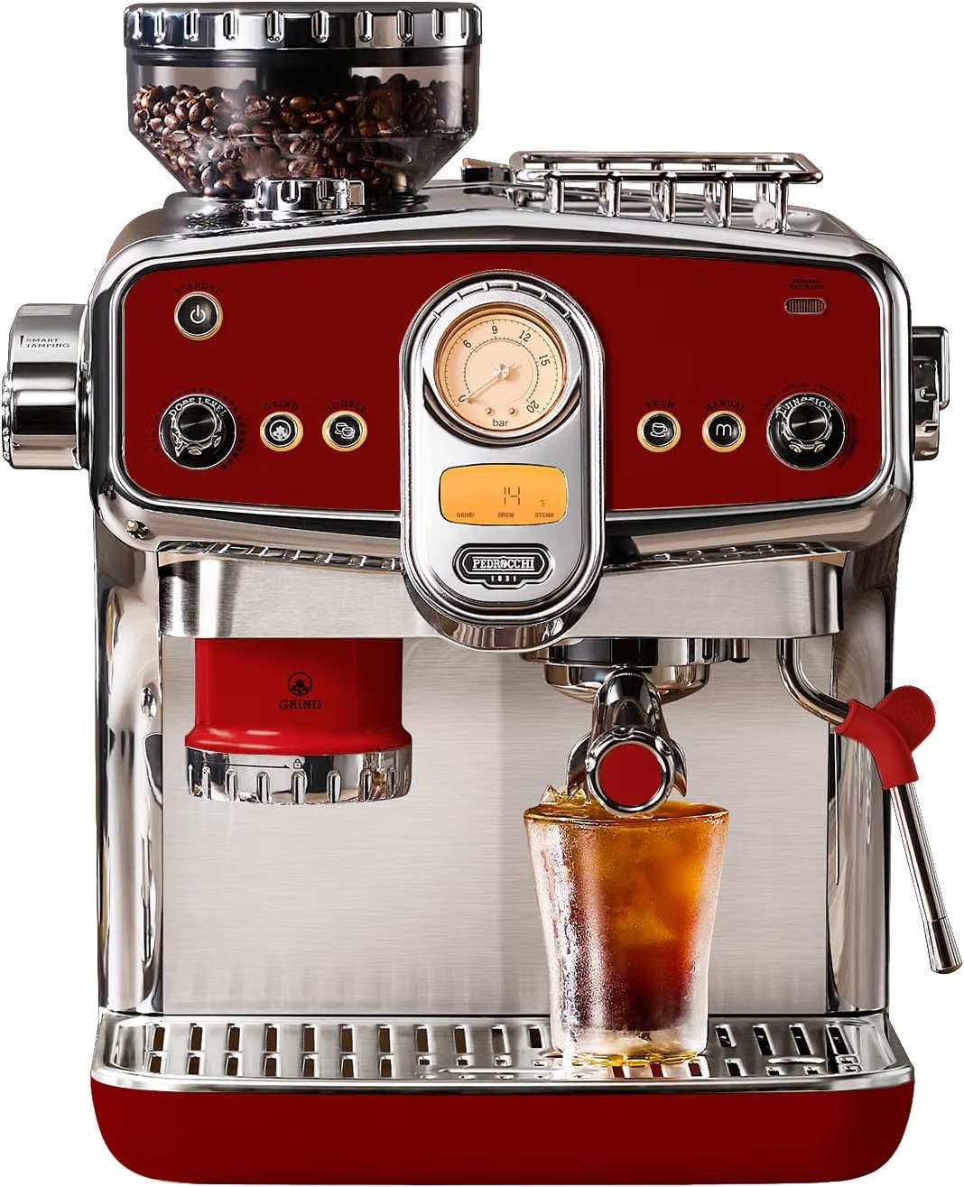 58 mm espresso machine with grinder, milk frother and automatic tamping