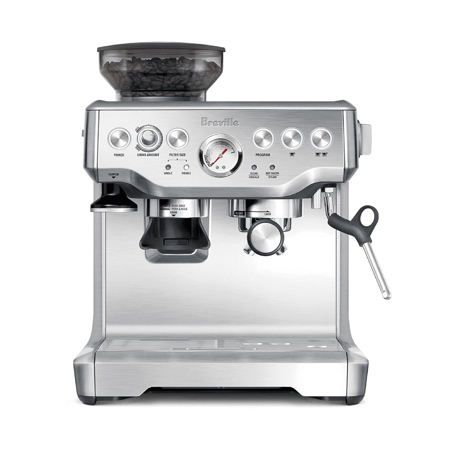 Breville Barista Express espresso machine used to demonstrate grinding, dosing, tamping and pulling an espresso shot