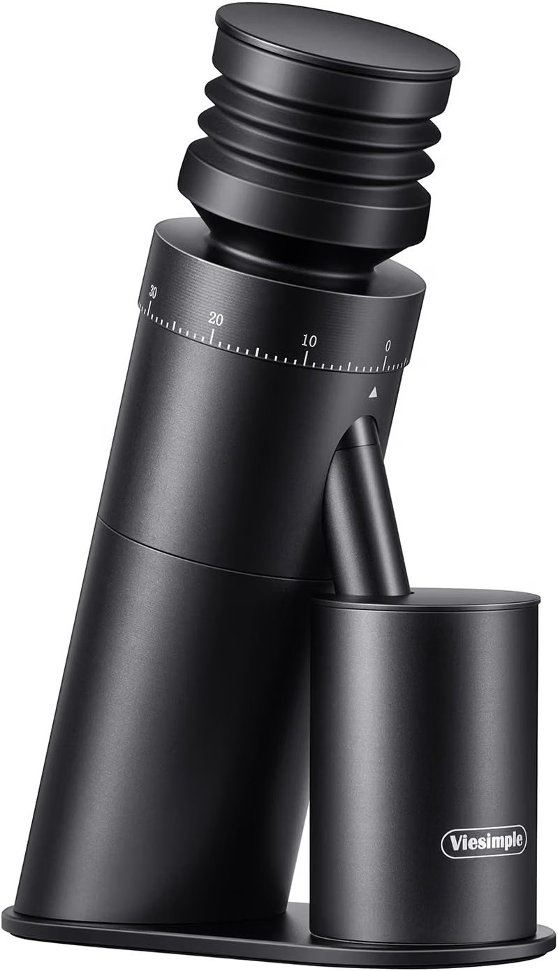 Single-dose electric burr coffee grinder used to grind coffee beans for an espresso machine
