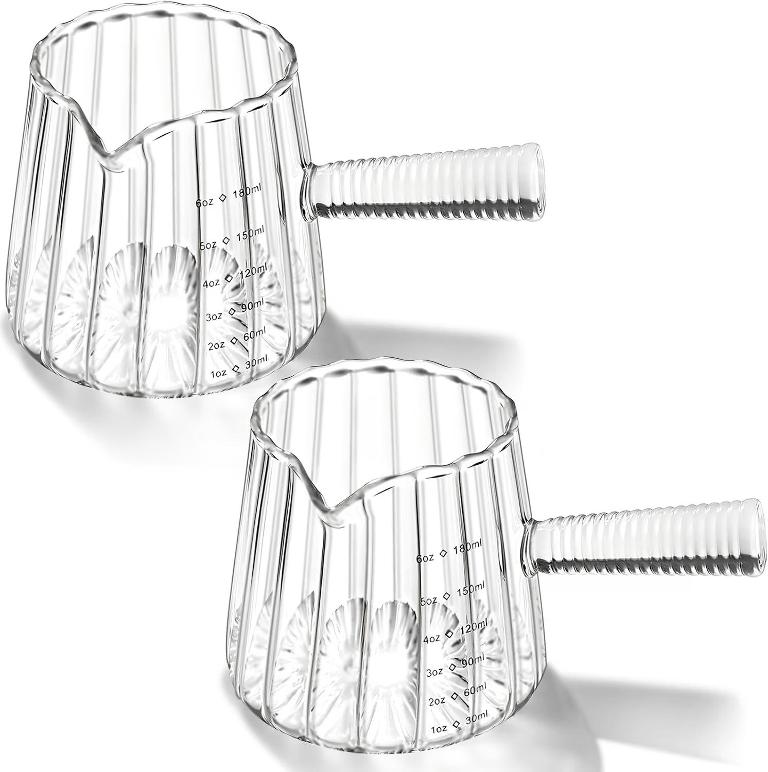 two 6 ounce V spout espresso shot cups for coffee preparation